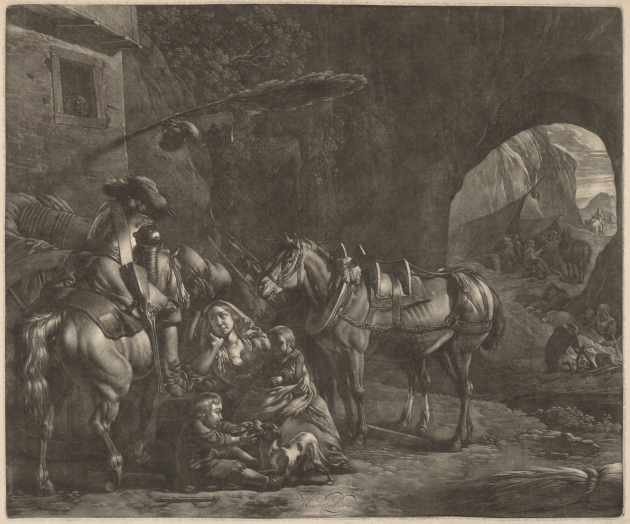 Mère avec deux enfants et un cheval devant une auberge - Jan van Huchtenburgh