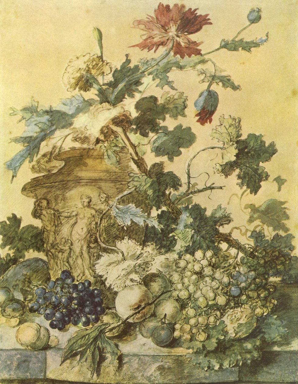 Fleurs dans une urne décorée de personnages entourés de fruits sur un socle - Jan van Huysum