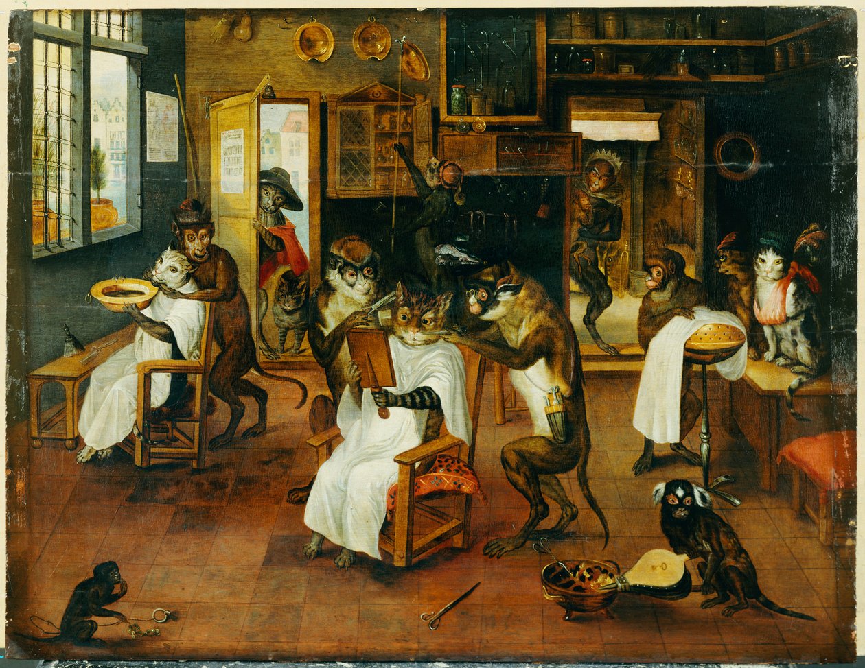 Une singerie : Barbiers singes servant des chats - Jan van Kessel