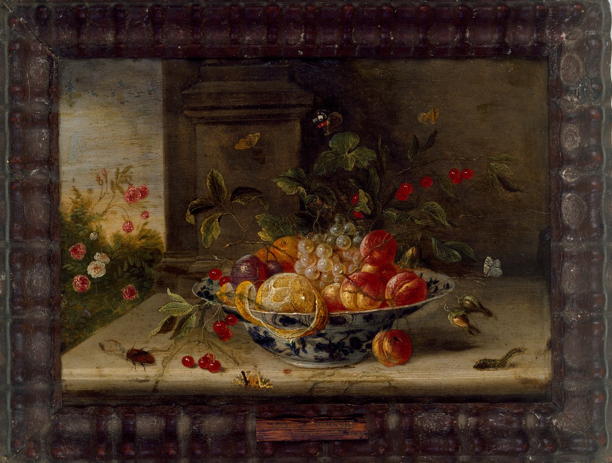 Composition de nature morte décorative avec un bol en porcelaine, des fruits et des insectes, milieu du XVIIe siècle - Jan van Kessel