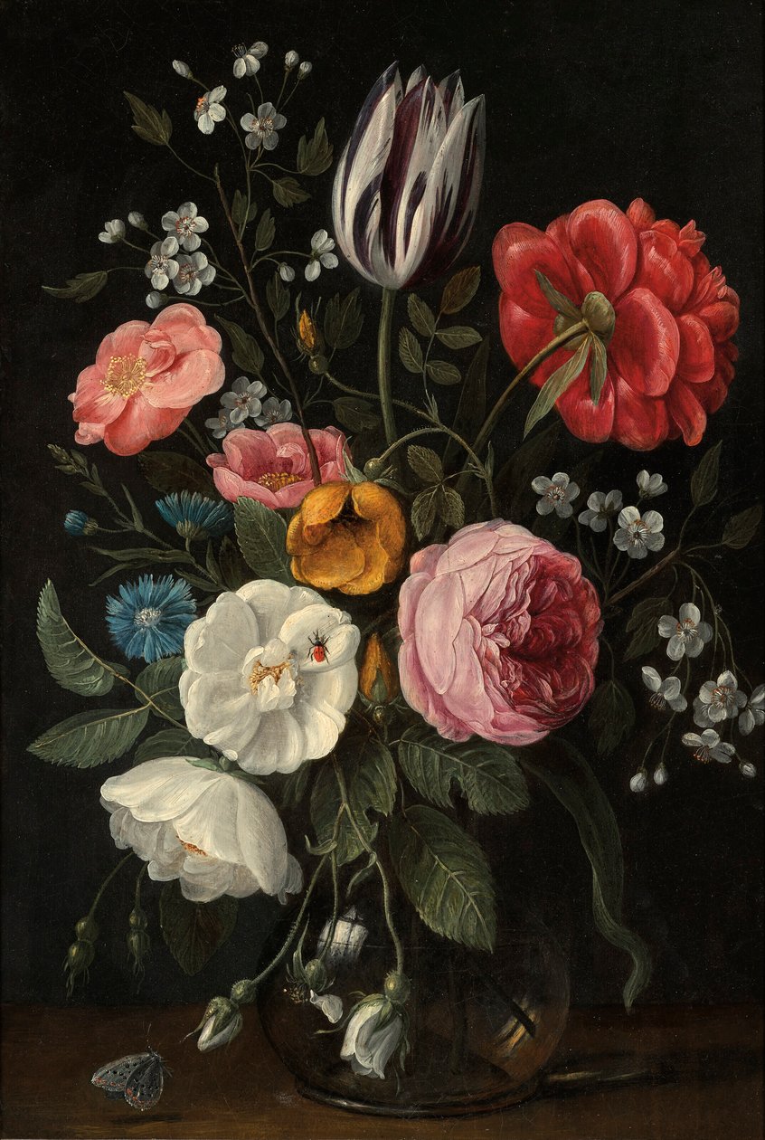 Roses, tulipe, pivoine, fleur de cerisier et centaurée dans un vase en verre sur un rebord. - Jan van Kessel the Elder