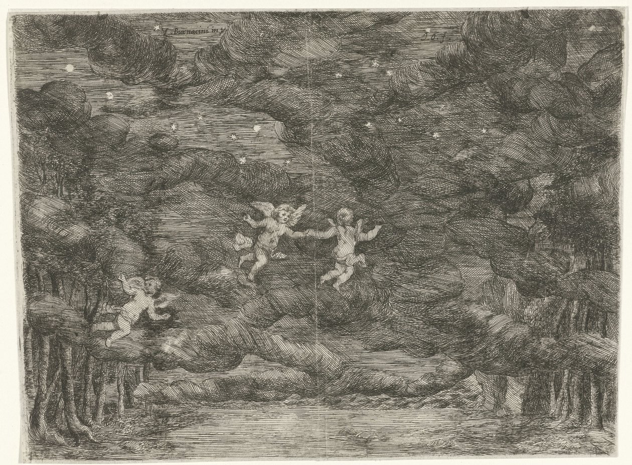 Décor de scène avec des anges dans le ciel nocturne - Jan van Ossenbeeck