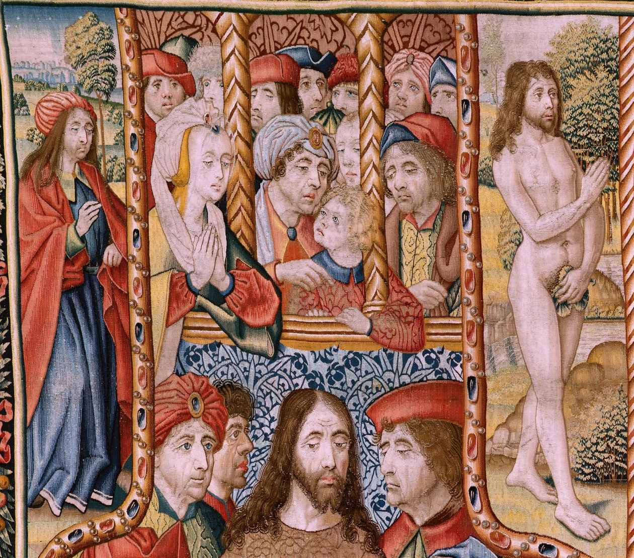 Tapisserie flamande. Série Épisodes de la vie de la Vierge. Les prophéties sont accomplies à la naissance du Christ. Première tapisserie de la série. Modèles attribués à Jan van Roome (ou van B) - Jan van Roome