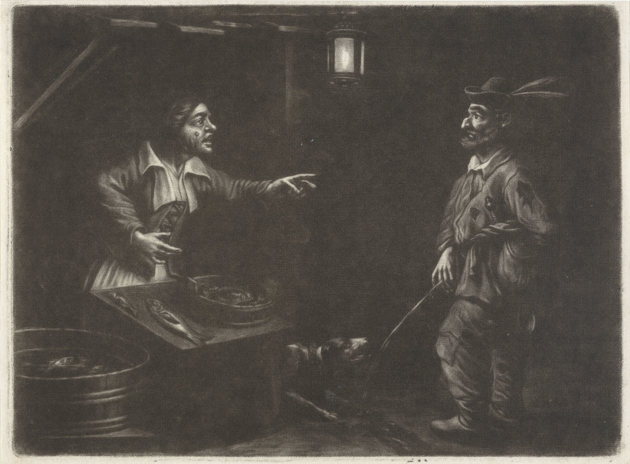 Scène nocturne avec vendeuse de poissons et un homme urinant - Jan van Somer