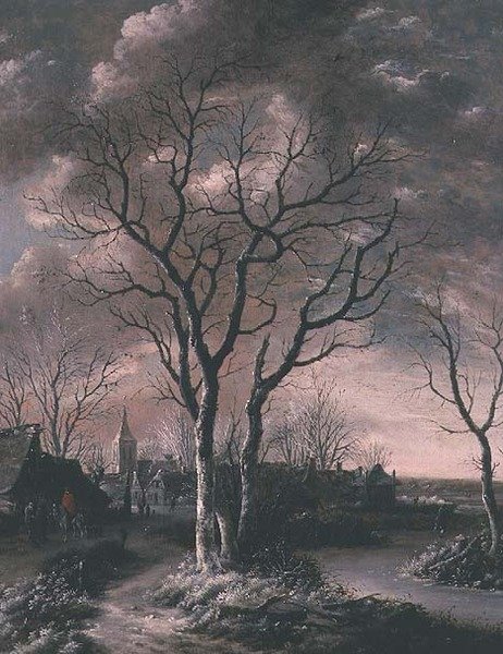 Paysage de rivière gelée avec des voyageurs sur un chemin - Jan van de Capelle or Cappelle