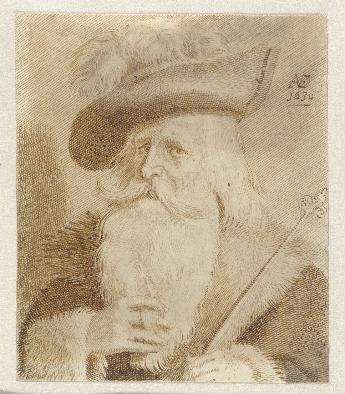 Homme avec col en fourrure, chapeau et bâton - Jan van de Velde (II)