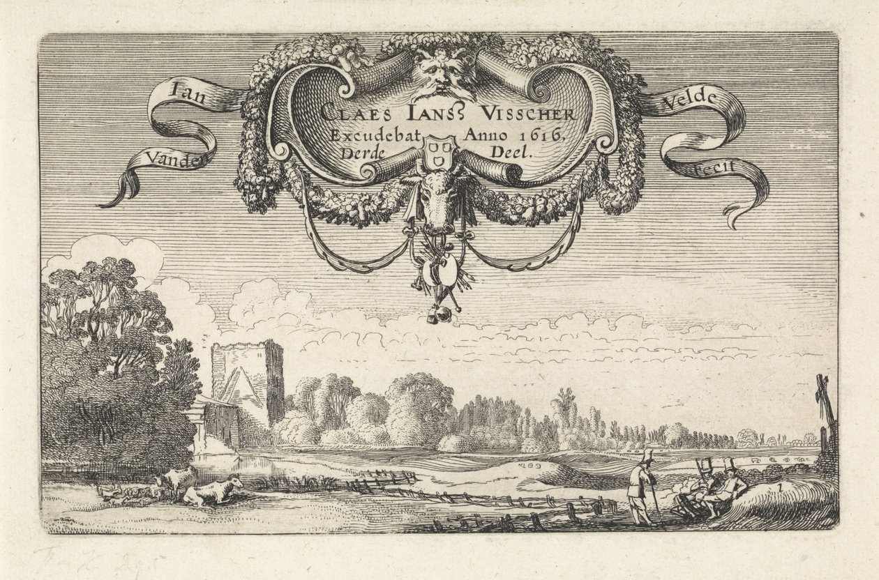 Figures reposant dans un paysage avec des vaches et une tour - Jan van de Velde (II)