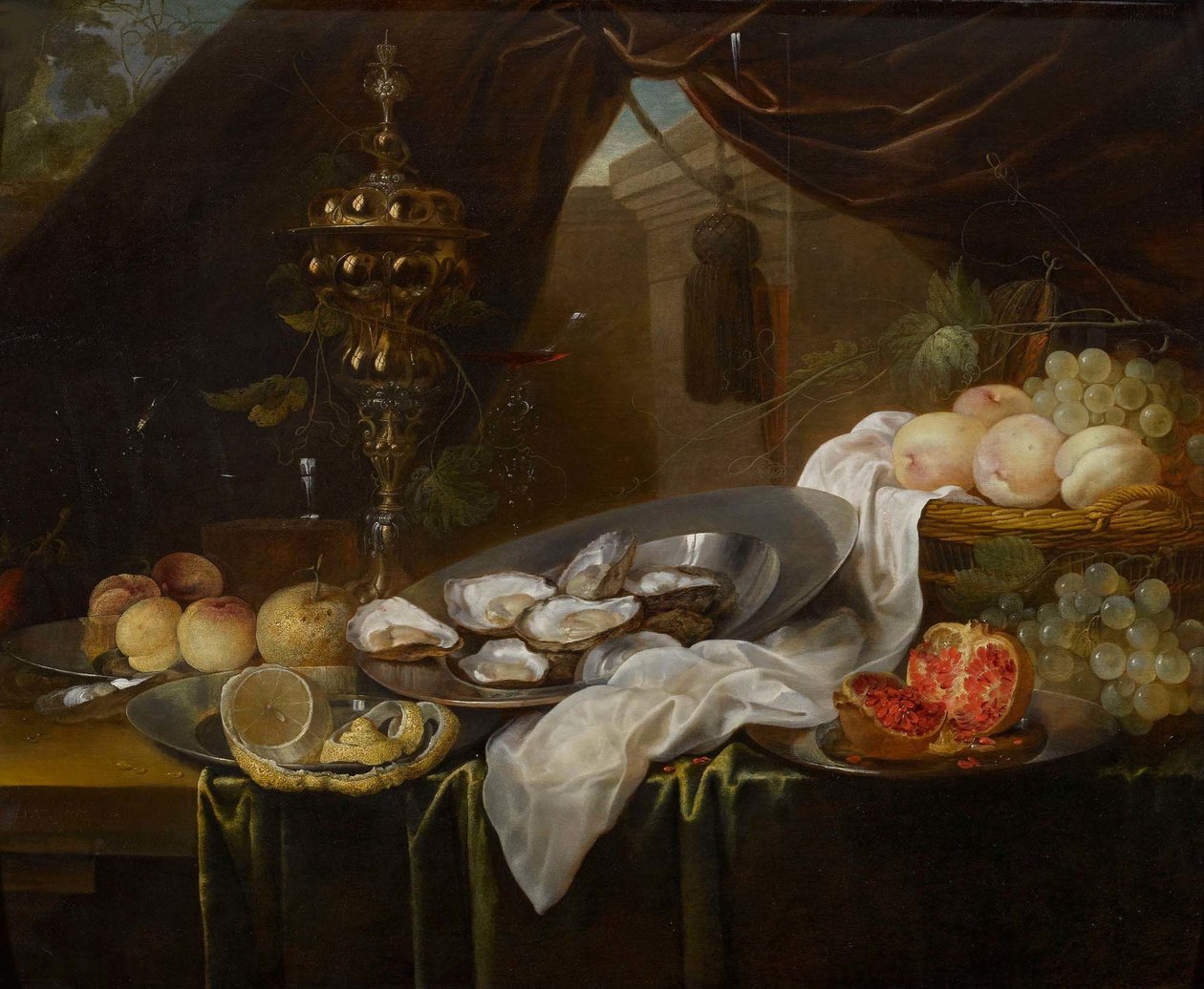 Nature morte avec coupe en or, verrerie Façon de Venise, fruits et huîtres - Jan van den Hecke