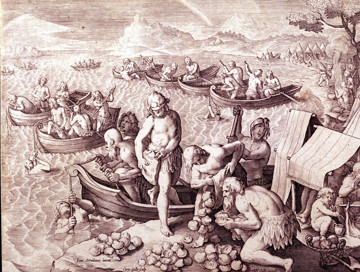 Pêche aux huîtres. 17ème siècle. Gravure de Giovanni Stradano (Jan Van Der Straet) (Johannes Stradanus) (1523-1605) - Jan van der Straet
