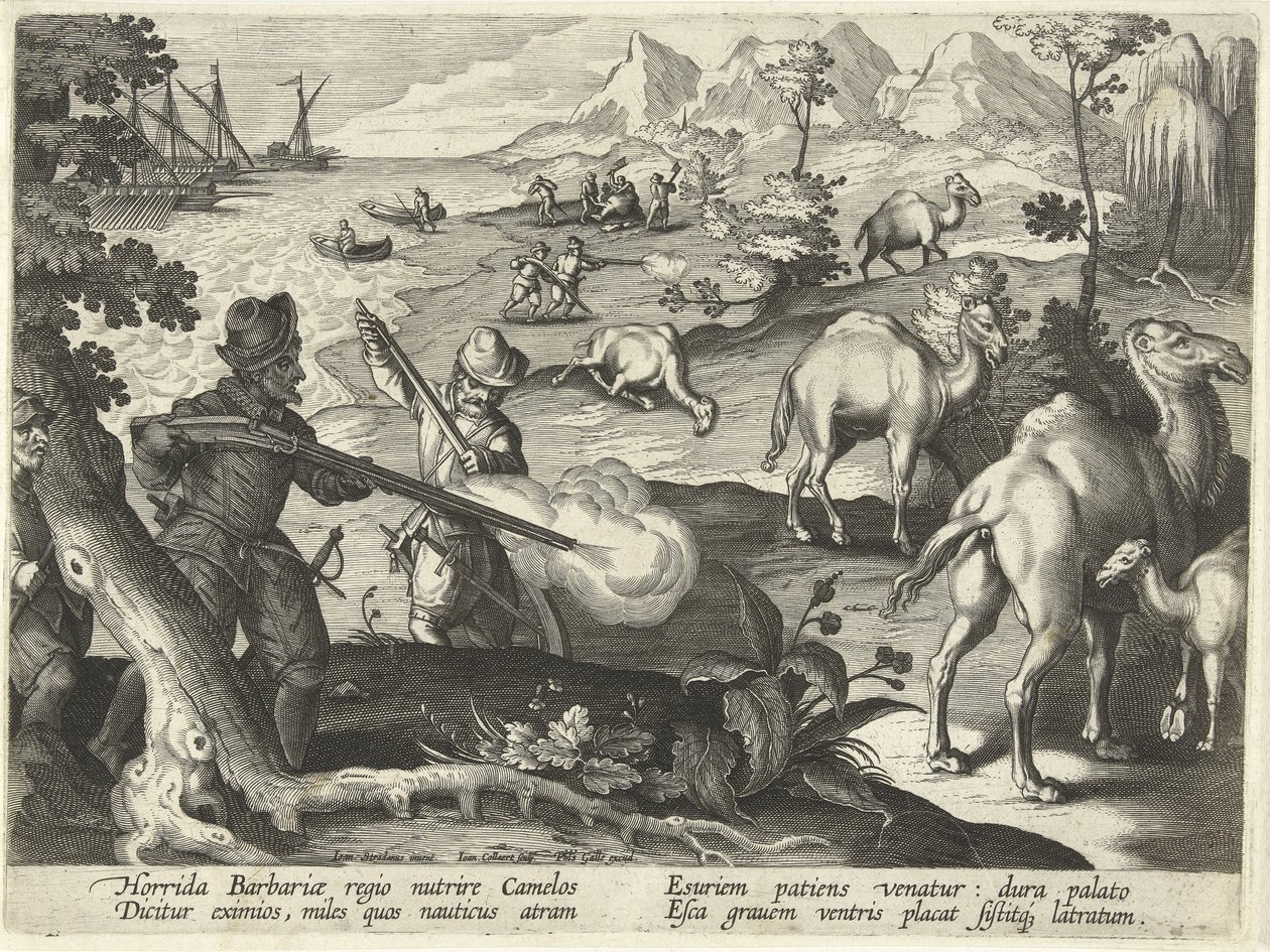 Des marins dans un pays barbare tuent des chameaux avec des mousquets pour soulager leur faim, illustration de 