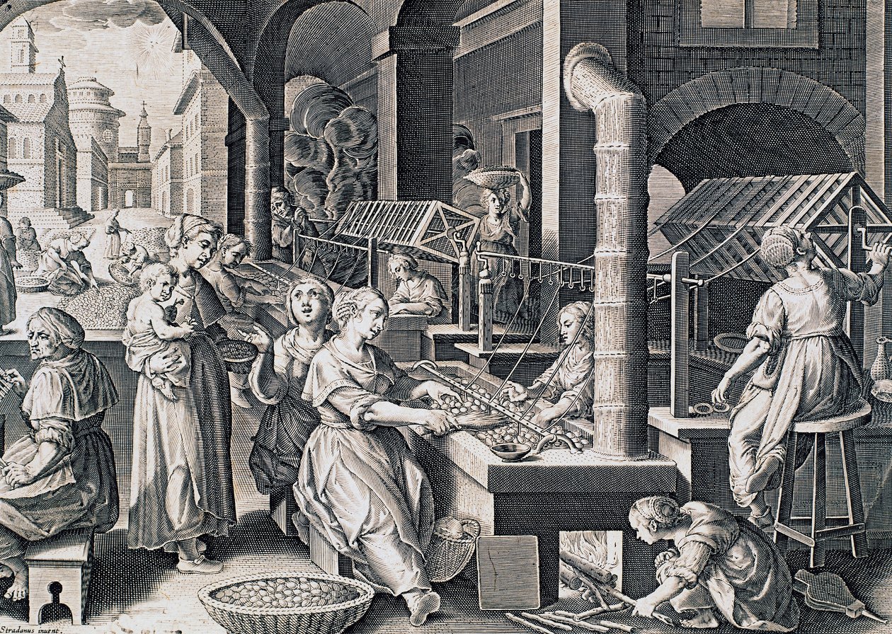 Vermis sericus, femmes filant la soie et chauffant des vers à soie sur le feu, gravure de Stradanus (1523-1605), Italie - Jan van der Straet