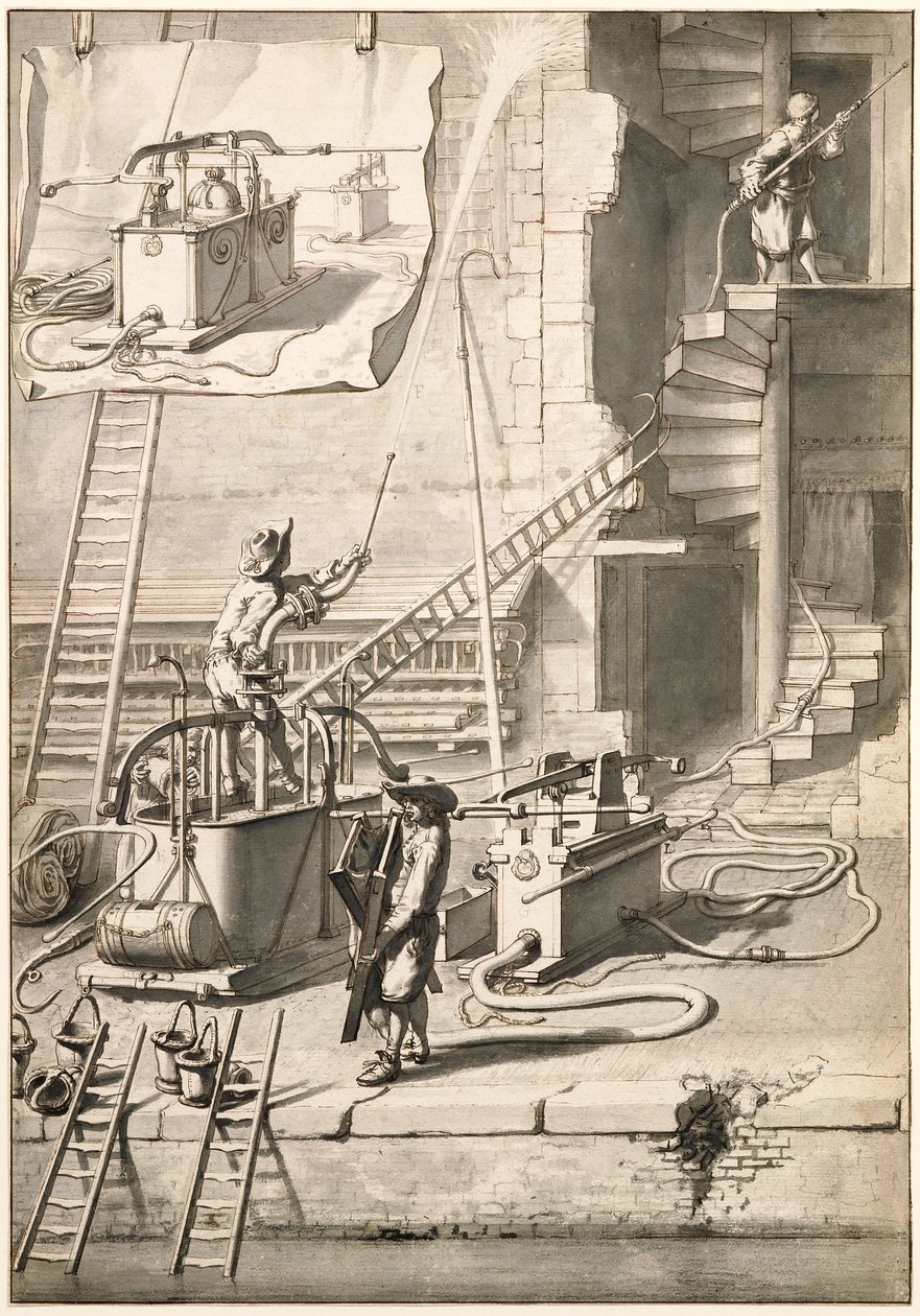 Comparaison des anciennes pompes à incendie avec la pompe à incendie de Van der Heyden - Jan van der Heyden