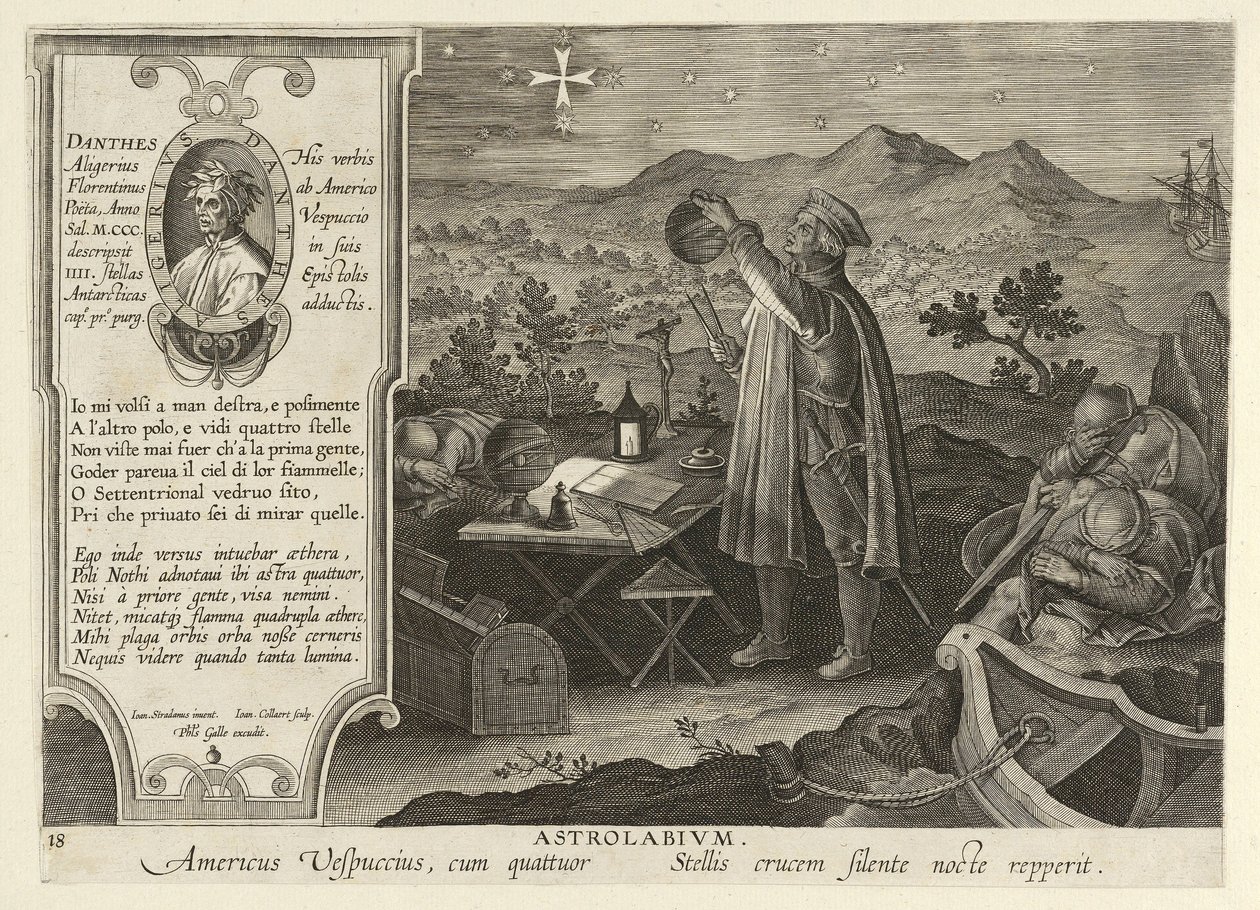 Amerigo Vespucci découvrant la Croix du Sud avec un astrolabe, pub. 1600 - Jan van der Straet