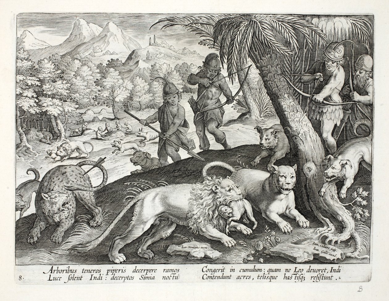 Les Indiens tirent des flèches sur des lions qui ont capturé des singes dans leur bouche, illustration de 