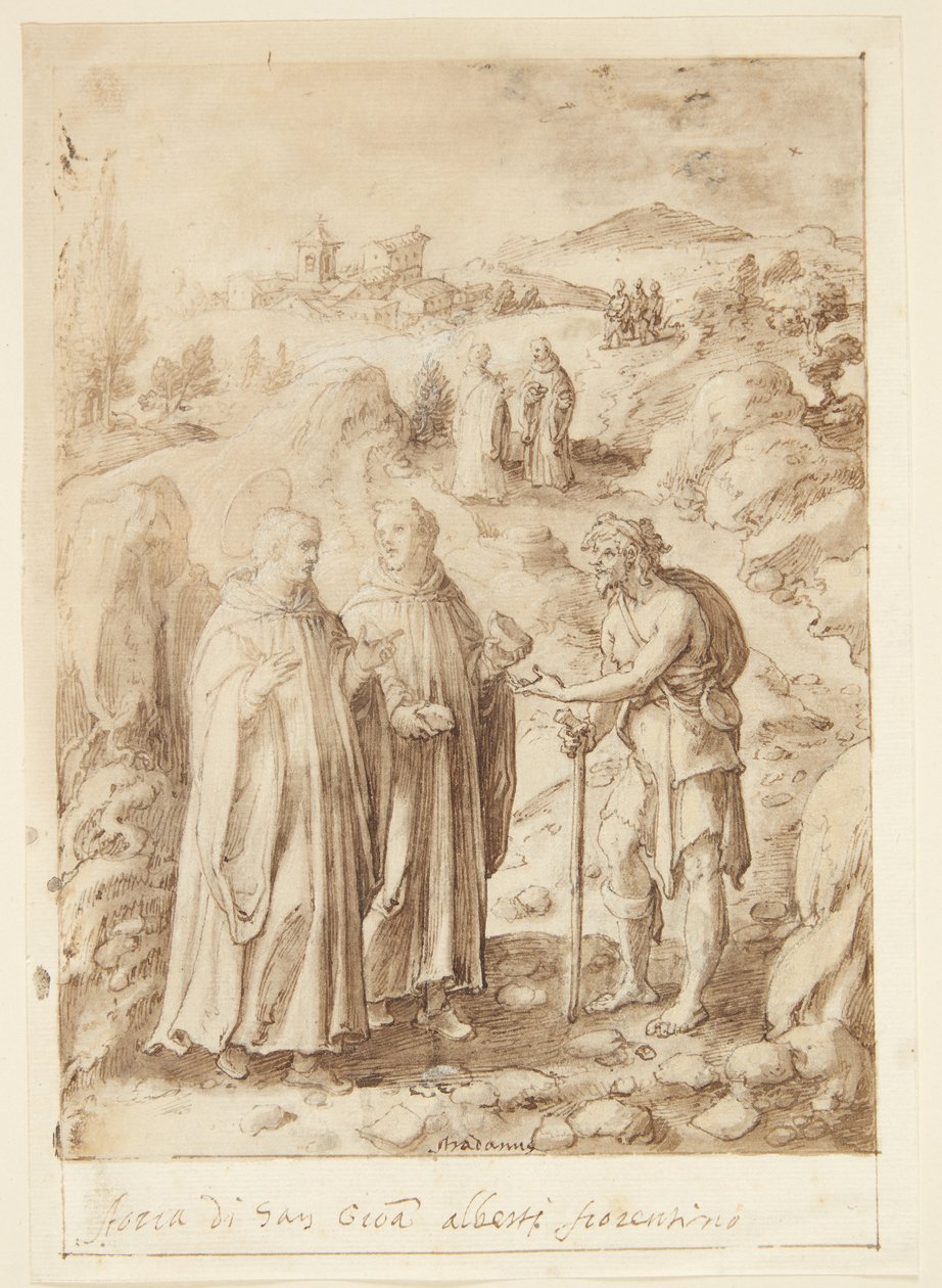 Histoire de S. Giovanni Alberti Fiorentino. Le saint et le moine accompagnateur donnent leur dernier pain à un mendiant - Jan van der Straet