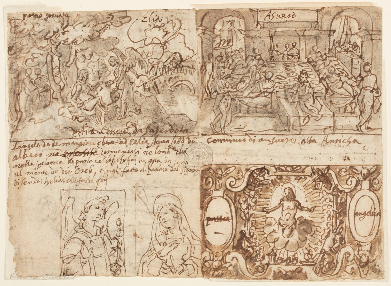 Paysage boisé avec Élie réveillé et nourri par un ange sur le mont Horeb (1 Rois 19:5-6); Le banquet du roi Assuérus (Esther 1: 1-6); Christ entouré d