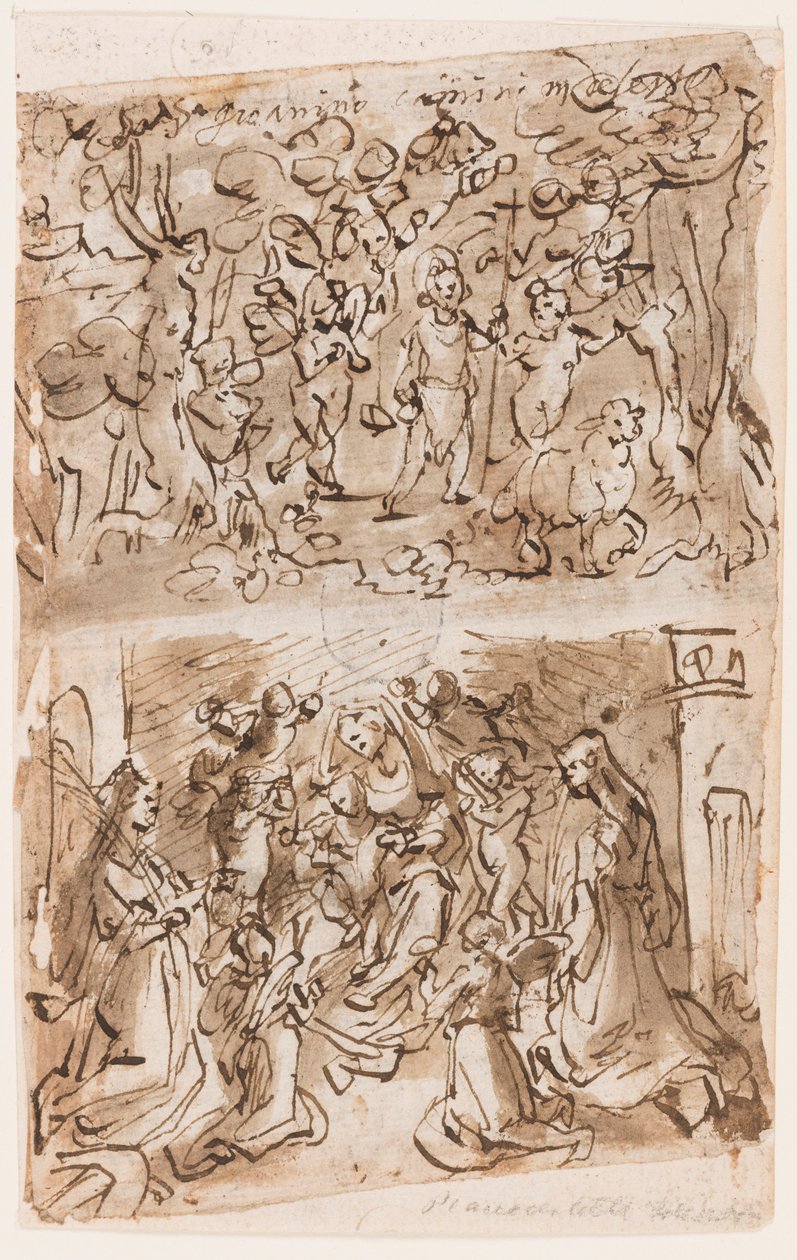 Recto, en haut : Jeune Saint Jean-Baptiste guidé par des Anges dans le Désert; Recto, en bas : Sacra Conversazione avec les Saintes Barbara et Catherine; Verso, en haut : Crucifixion; Verso, en bas : Christ guérissant des paralytiques près de la piscine de - Jan van der Straet, called Stradanus