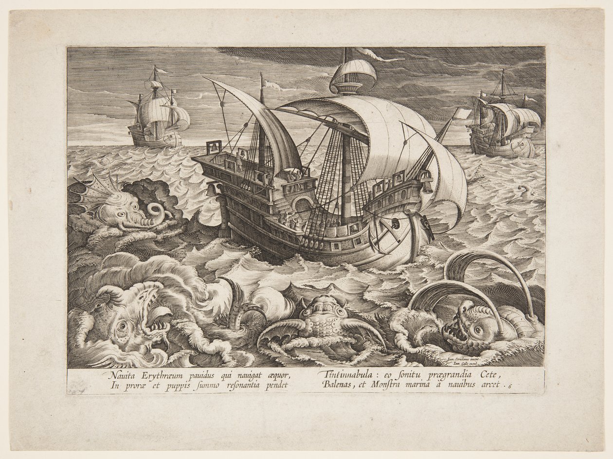 Trois navires entourés de monstres - Jan van der Straet, called Stradanus