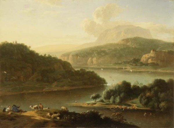 Paysage fluvial avec berger et paysanne au premier plan - Jan van der the Younger Meer