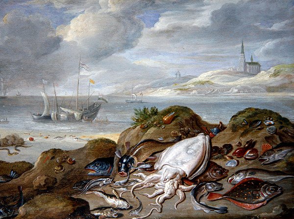 Paysage estuarien avec poisson sur une dune - Jan van the Elder Kessel