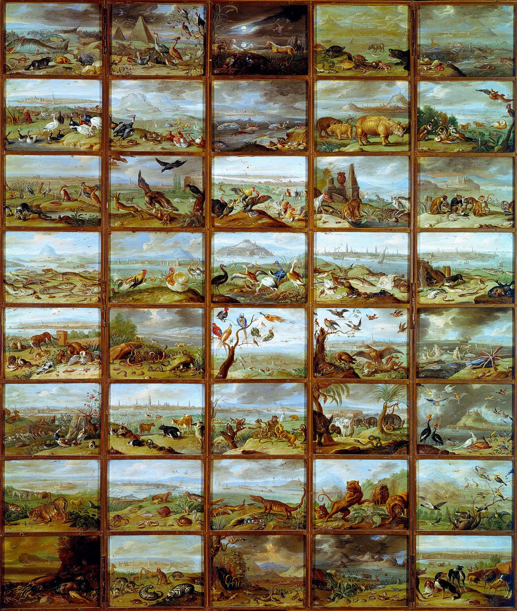 Animaux. Tableau montrant des compartiments correspondant à différentes espèces animales. Peinture de Jan Van Kessel - Jan van the Elder Kessel