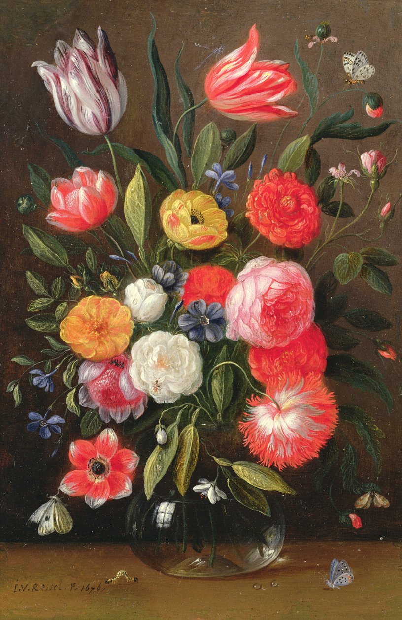 Tulipes, roses, anémones et autres fleurs dans un vase en verre avec papillons et chenille sur un rebord - Jan van the Elder Kessel