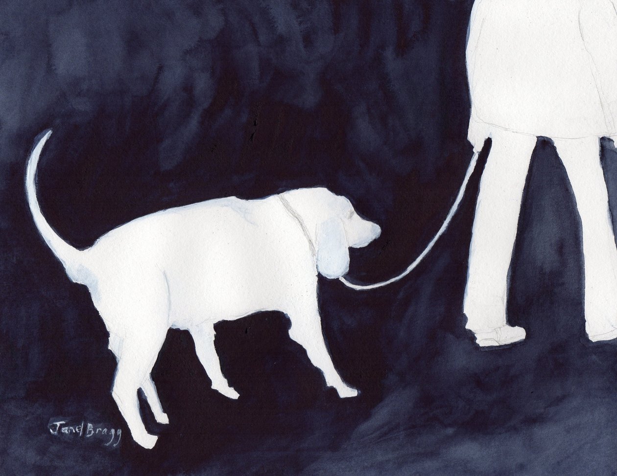 Homme promenant son chien dans Indigo II, c. 2018 (aquarelle et crayon sur papier) - Janel Bragg