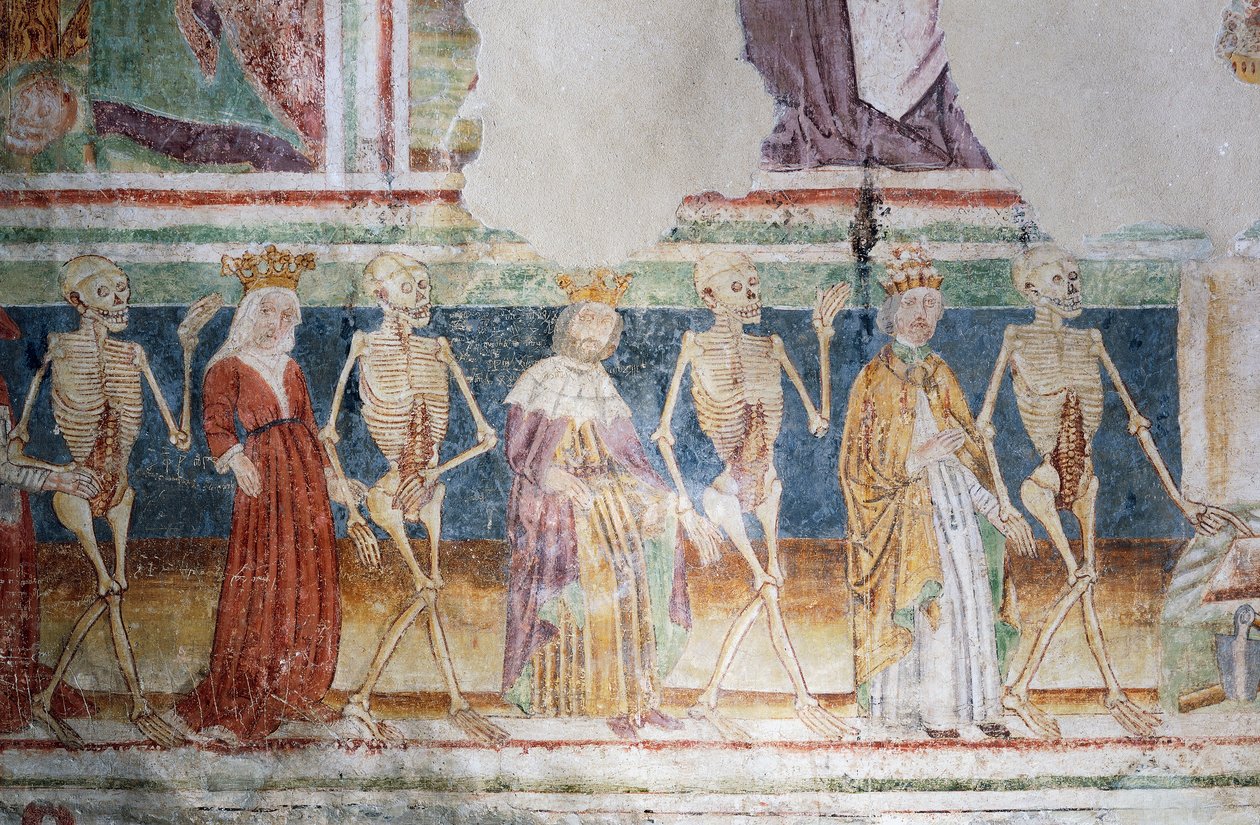 Église fortifiée de Hrastovlje, Église de la Trinité, La Mort accompagnant le Pape et la Reine, Danse macabre (1490), détail des fresques de Janez Iz Kastva, Slovénie - Janez Kastav