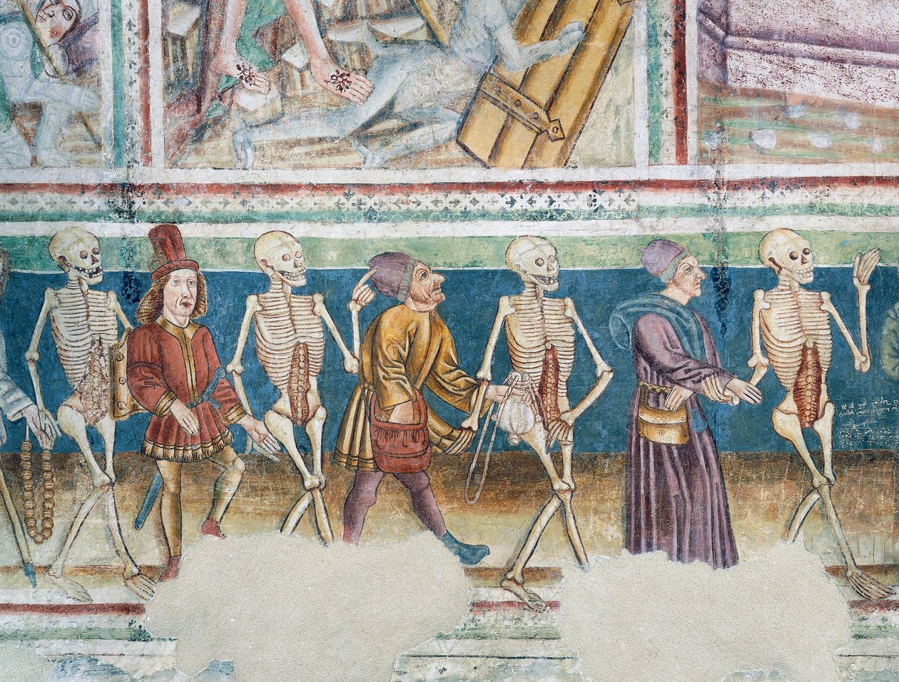 Église fortifiée de Hrastovlje, Église de la Trinité, La Mort accompagnant un marchand et un riche banquier, Danse macabre (1490), détail des fresques de Janez Iz Kastva, Slovénie - Janez Kastav