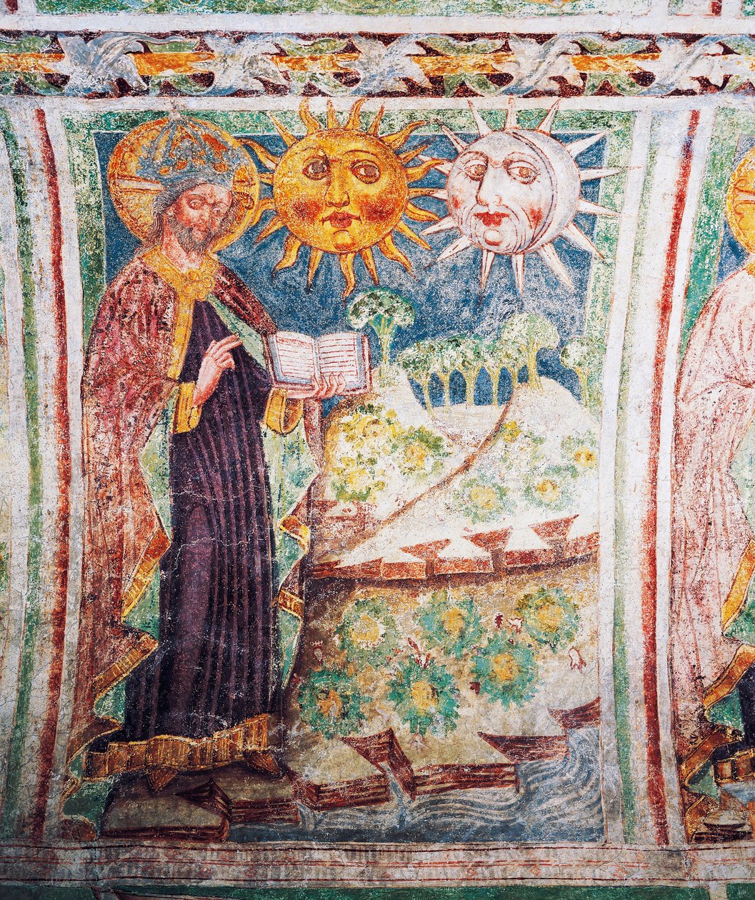 Église fortifiée de Hrastovlje, Église de la Trinité, Genèse, Dieu crée le soleil, la lune et les étoiles (1490), détail des fresques de Janez Iz Kastva, Slovénie - Janez Kastav