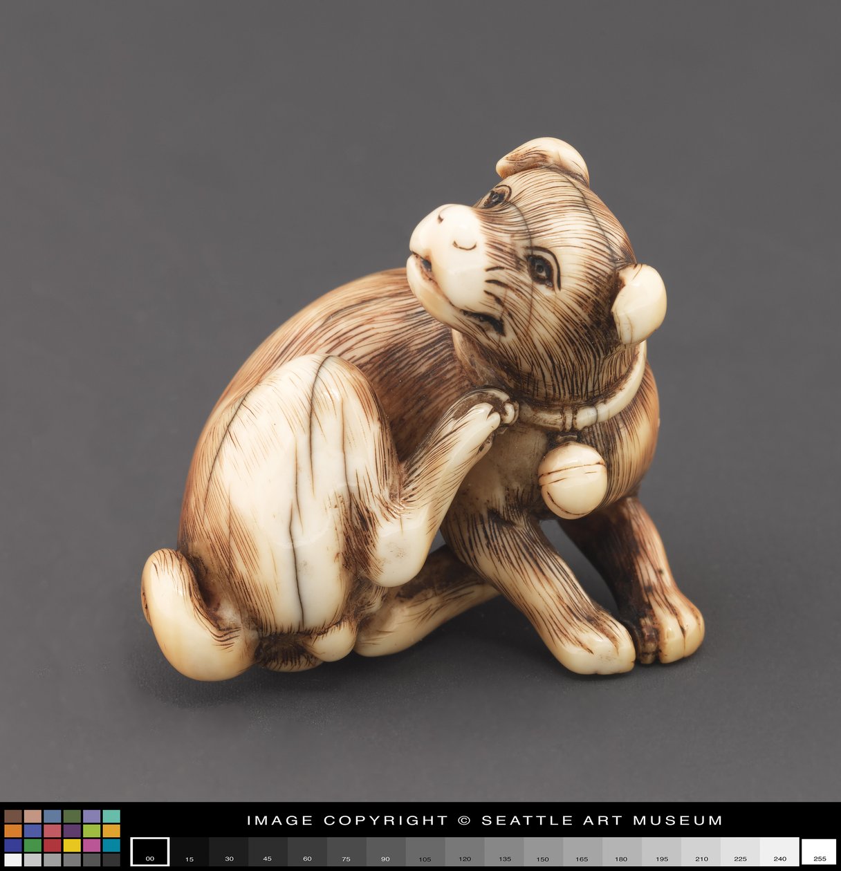 Netsuke modelé en forme de chien se grattant le cou - Japanese School