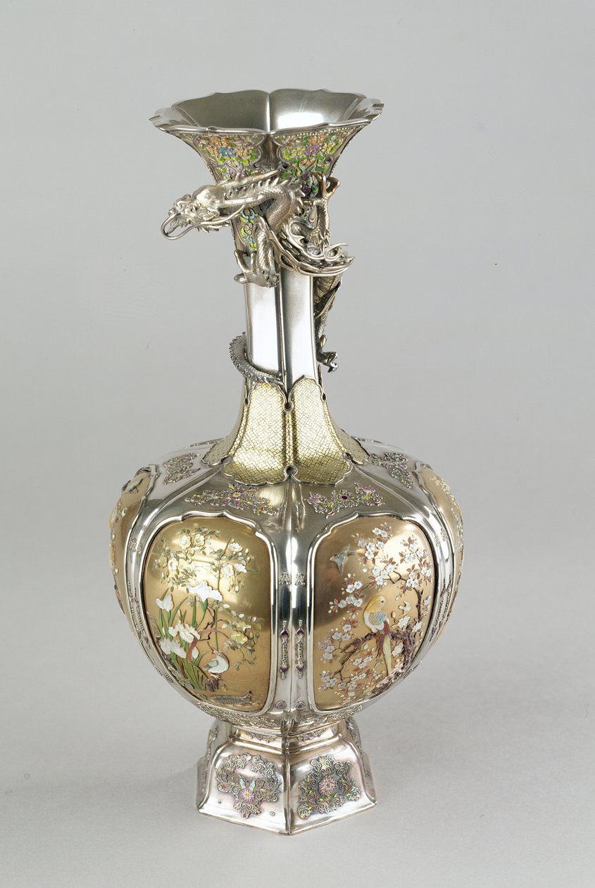 Vase shibayama en argent, doré et émaillé, fin 19e siècle - Japanese School