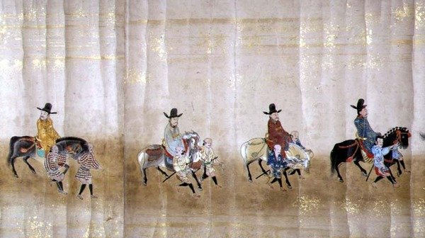 Sixième ambassade coréenne au Japon en Meireki 1 lors de la succession de Tokugawa Ietsuna en 1651, peut-être par Kano Masunobu (1625-94) (peinture sur rouleau) (détail) - Japanese School