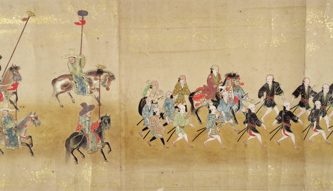 Sixième ambassade coréenne au Japon en Meireki 1 lors de la succession de Tokugawa Ietsuna en 1651, possiblement par Kano Masunobu (1625-94) (peinture sur rouleau) (détail) - Japanese School