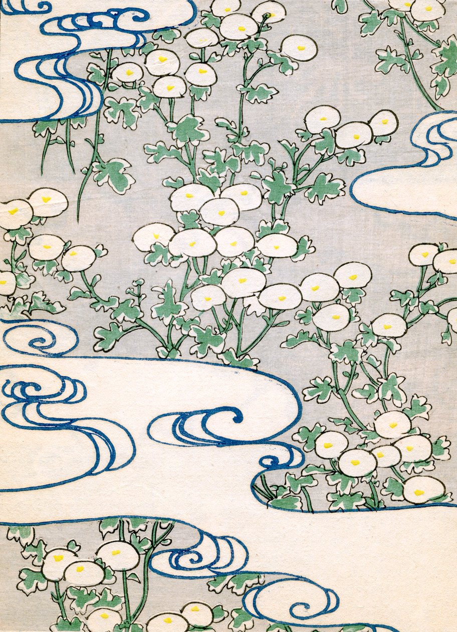Gravure sur bois en couleur de vignes en fleurs et motif de vagues - Japanese School