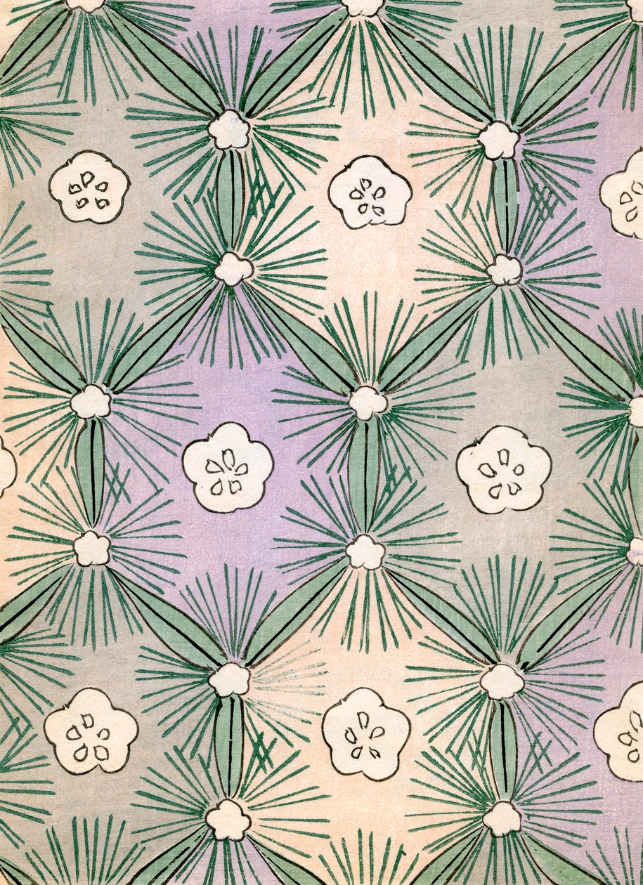 Estampe en Couleur de Aiguilles de Pin et Fleurs - Japanese School
