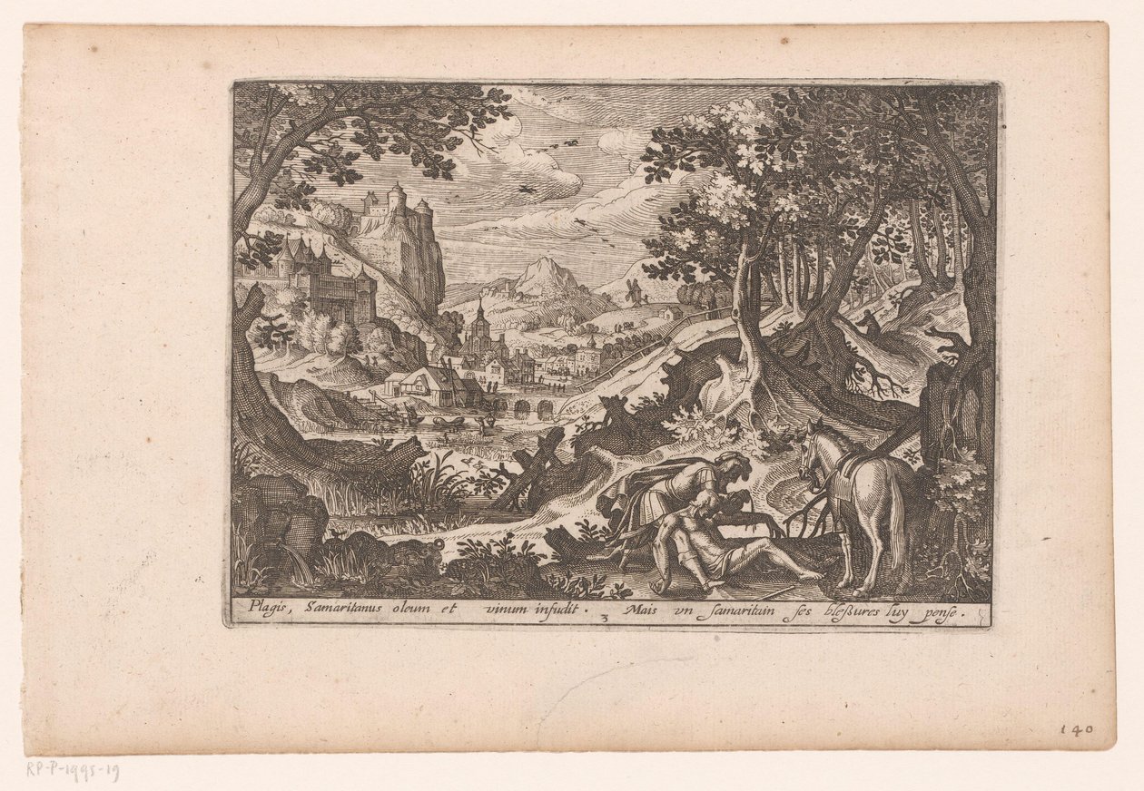 Paysage avec l'histoire du bon Samaritain : le Samaritain aide la ...