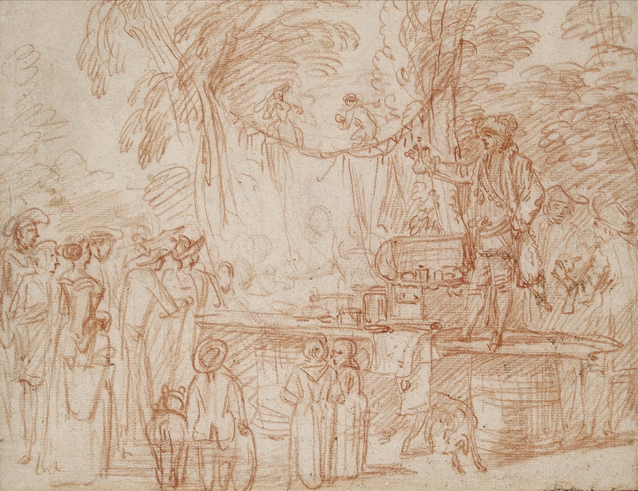 Recto; Docteur charlatan vendant ses marchandises en plein air - Jean Antoine Watteau