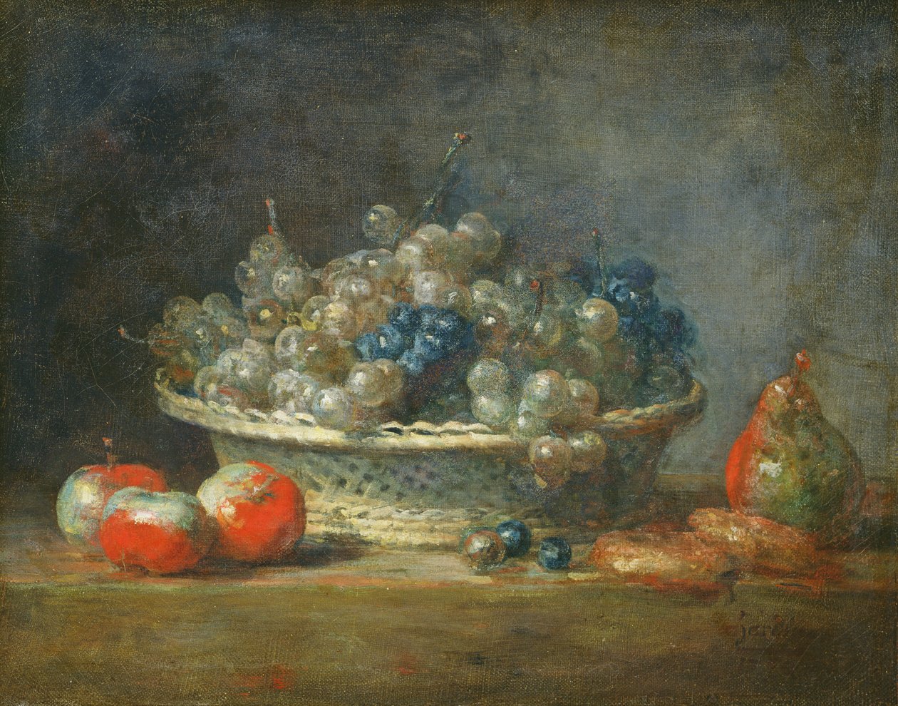 Nature morte : panier de raisins avec trois pommes, une poire et deux massepains, 1764 - Jean Baptiste Simeon Chardin