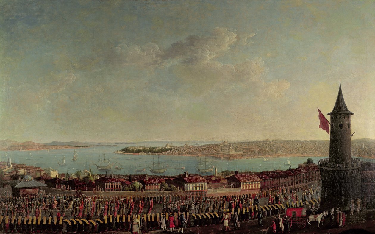 Vue de Constantinople avec une procession de janissaires passant la Tour de Galata - Jean Baptiste Vanmour