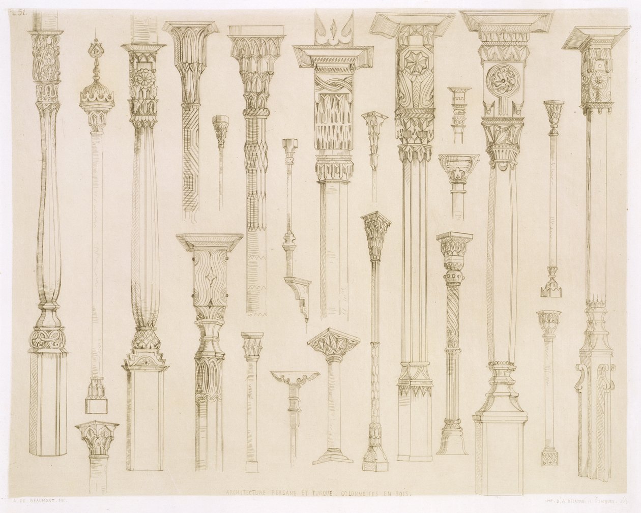 Conceptions de colonnes en bois persanes et turques, de 