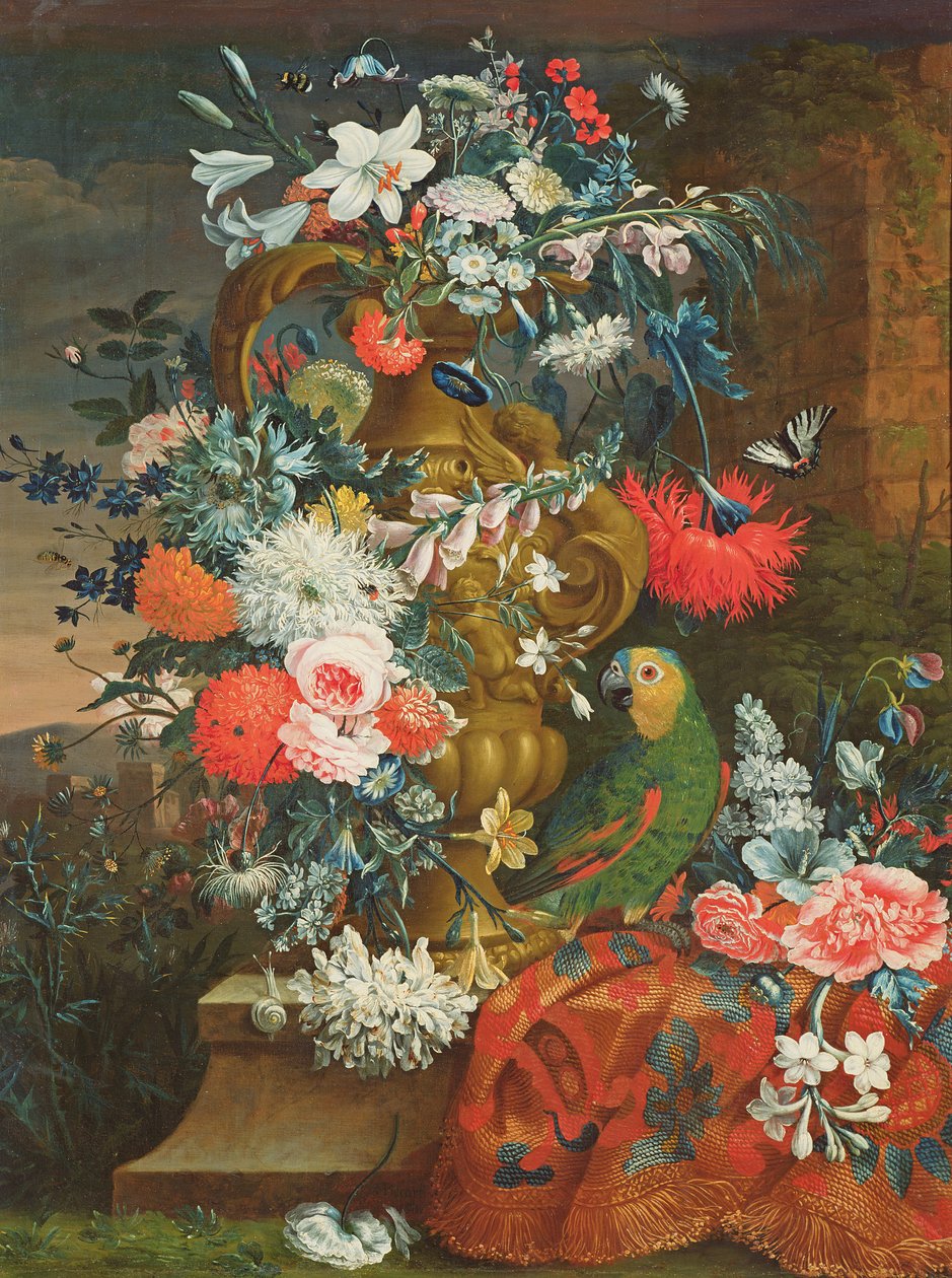 Bouquet de fleurs et un perroquet - Jean Picart