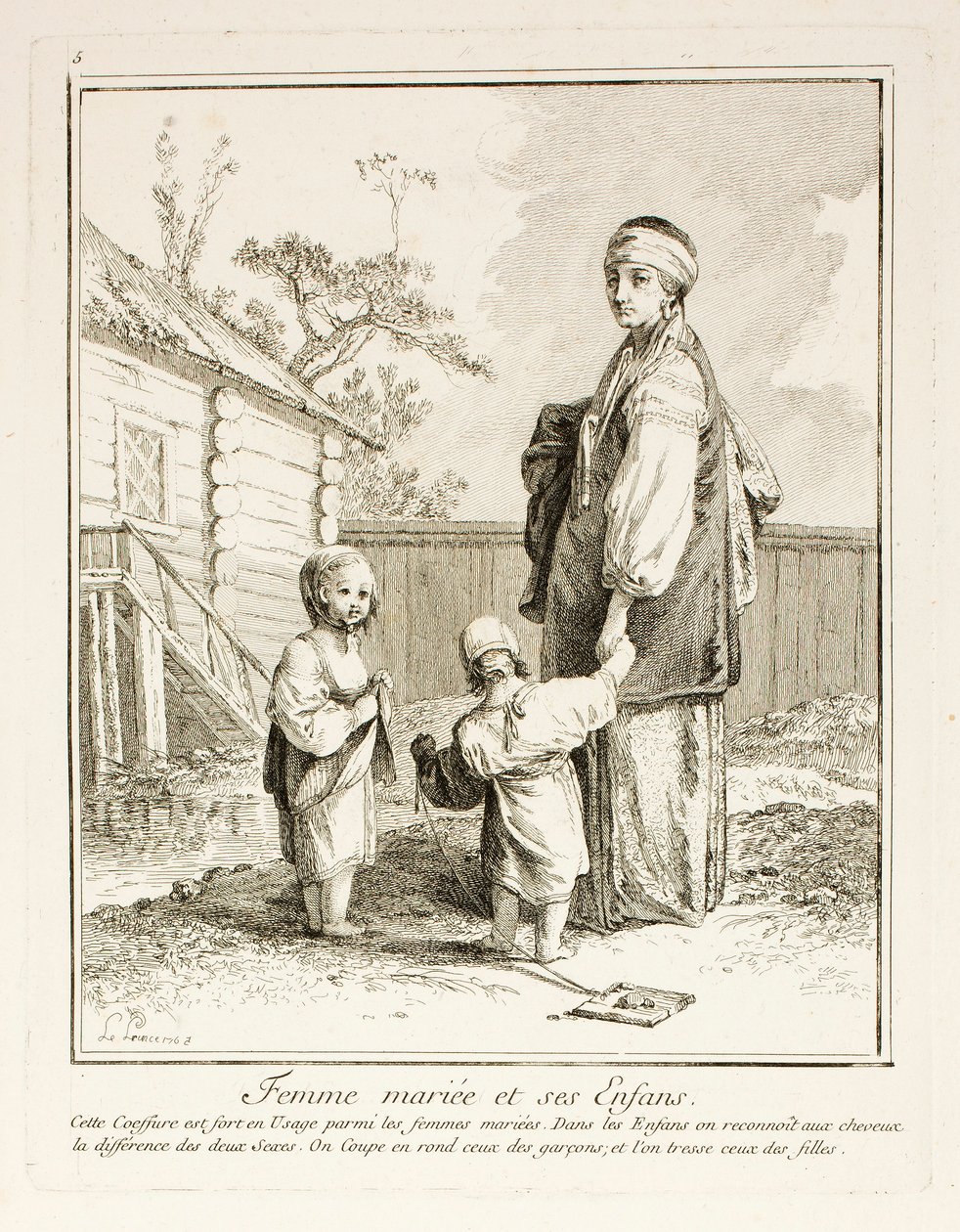 Femme mariée et ses enfants, planche cinq de Divers Habillements des Peuples du Nord - Jean-Baptiste Le Prince