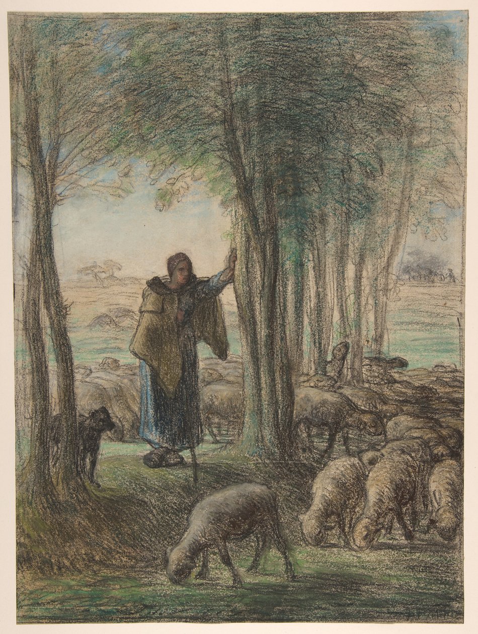 Eine Schäferin und ihre Herde im Schatten der Bäume - Jean-Francois Millet