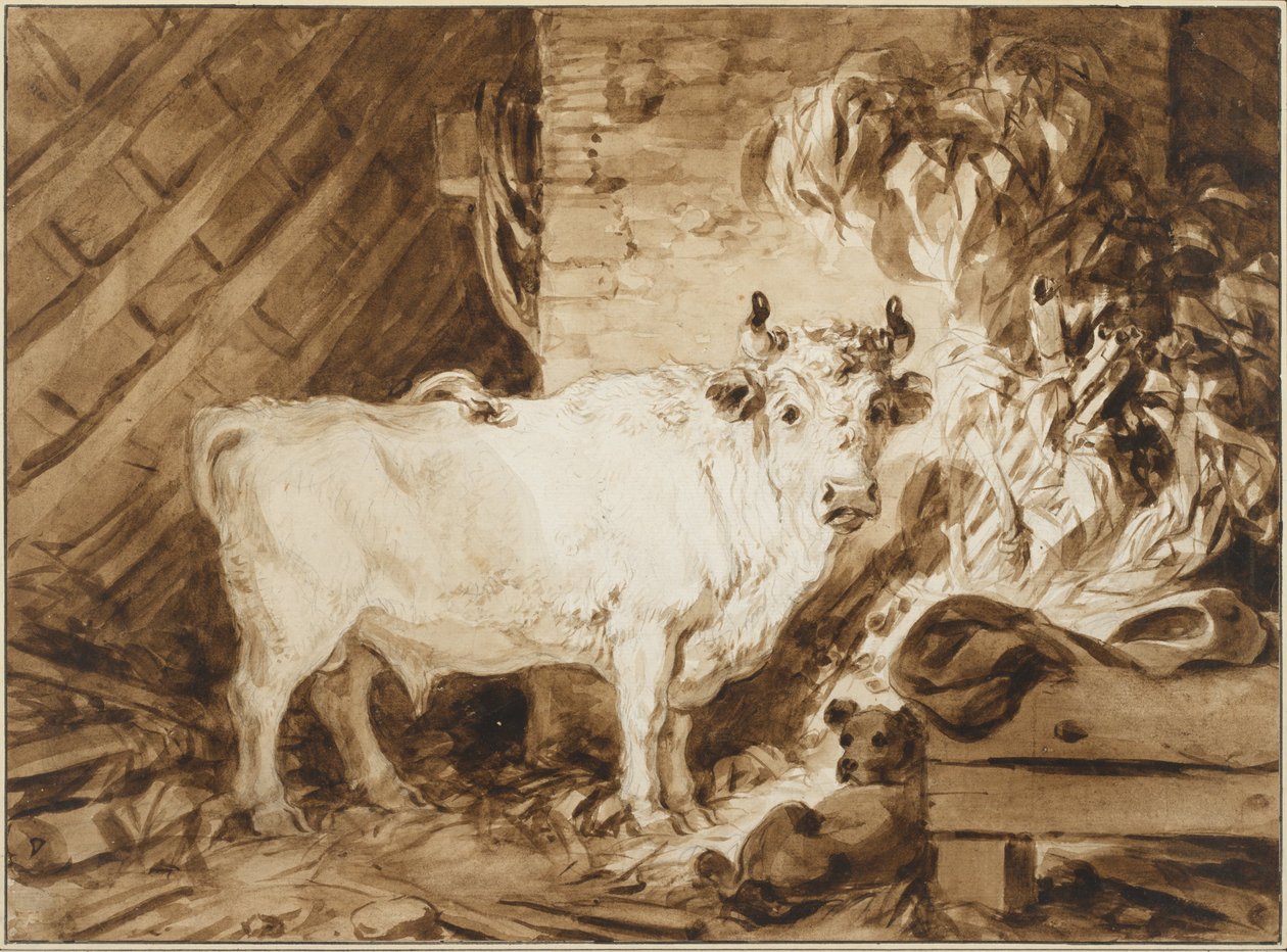 Taureau blanc et chien dans une étable - Jean Honore Fragonard