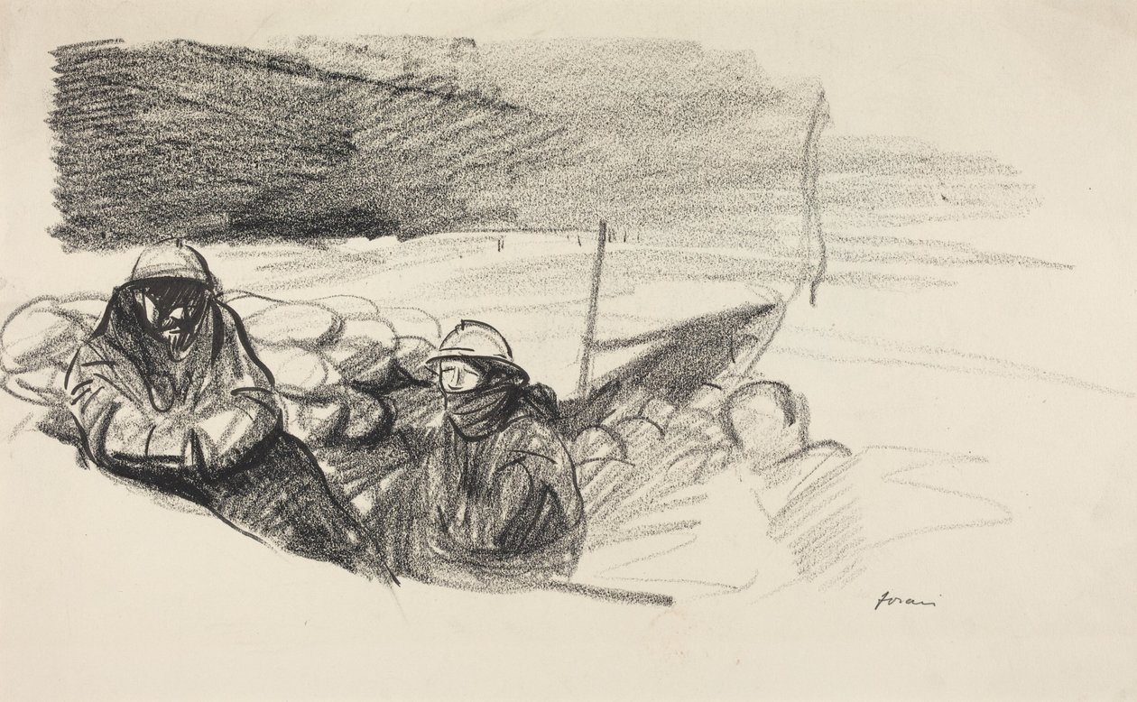 a) Deux soldats dans une tranchée (recto) ; b) Intérieur avec figures assises derrière une table (verso) - Jean-Louis Forain