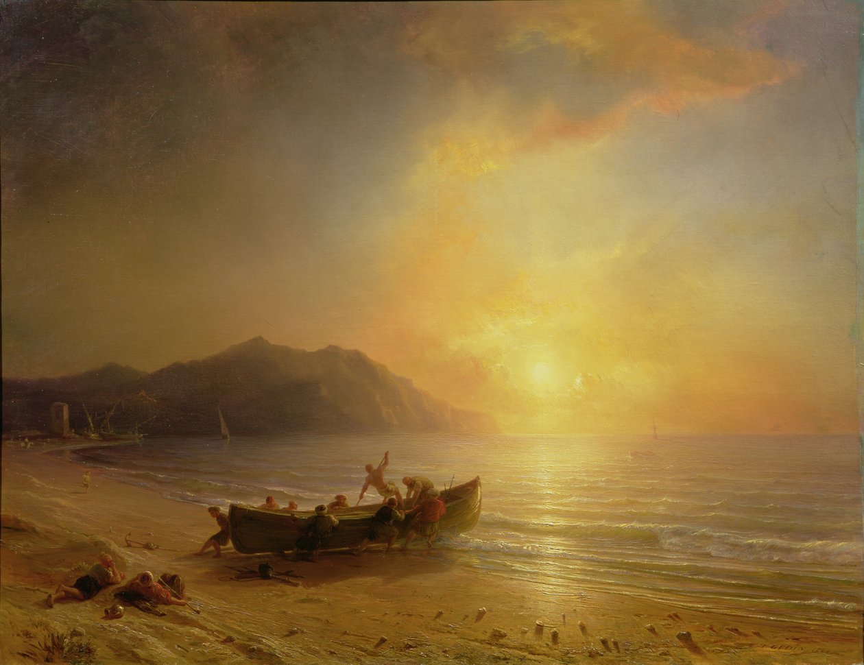 Paysage côtier avec pêcheurs arabes lançant un bateau au coucher du soleil - Jean Antoine Theodore Gudin