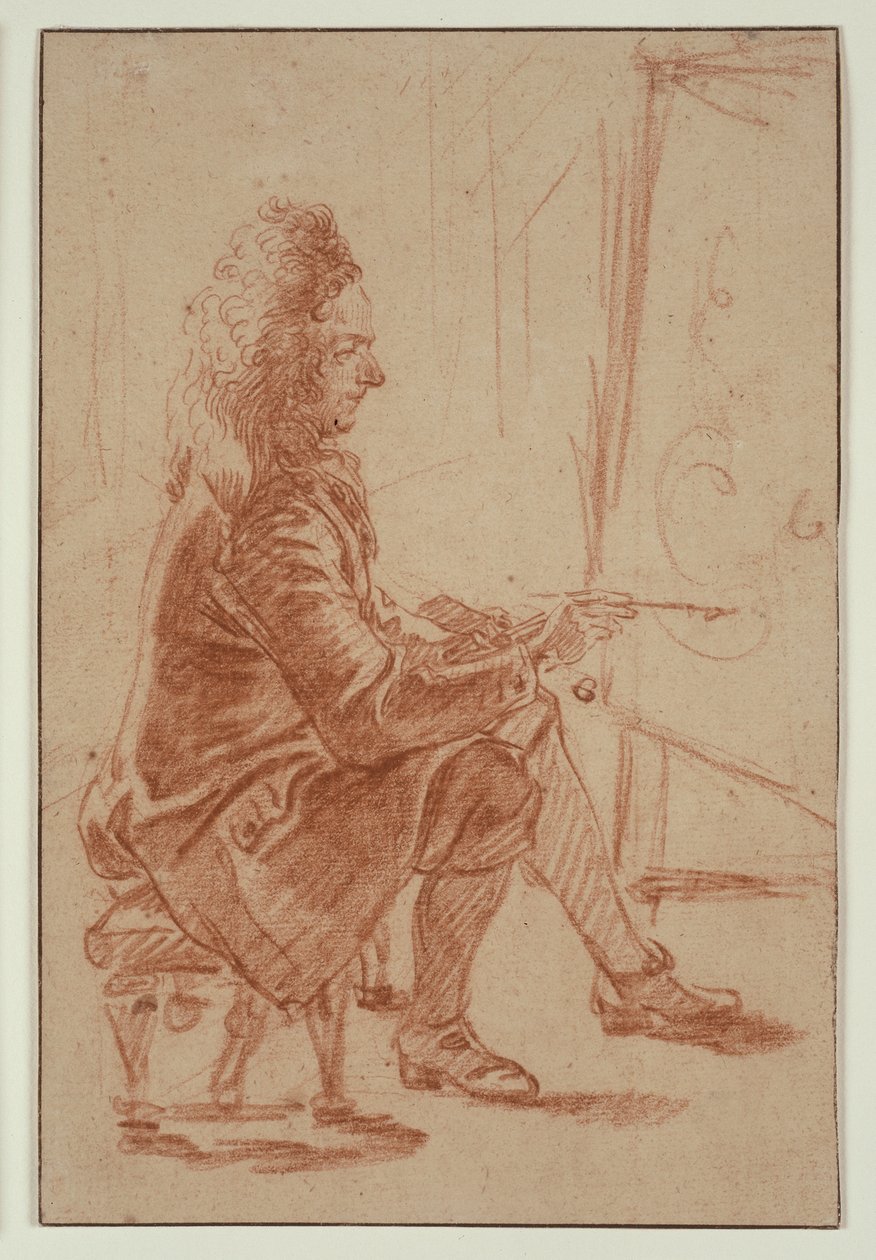 Un peintre à la perruque (peut-être Claude Audran), vers 1709 (craie rouge sur papier vergé chamois, posé sur carton vergé crème) - Jean Antoine Watteau