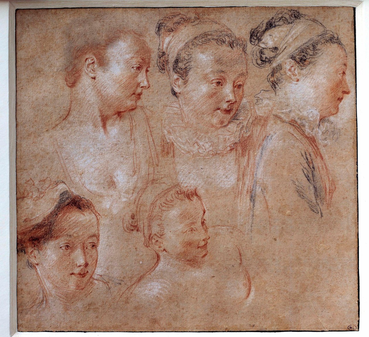 Cinq coiffures de femmes. Dessin par Jean Antoine Watteau 1713. Paris, Musée du Louvre - Jean Antoine Watteau