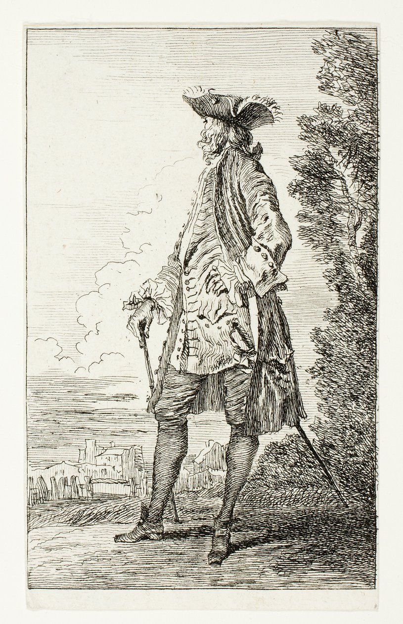 Homme debout avec un chapeau, tourné vers la gauche, tiré de Figures de Modes - Jean Antoine Watteau